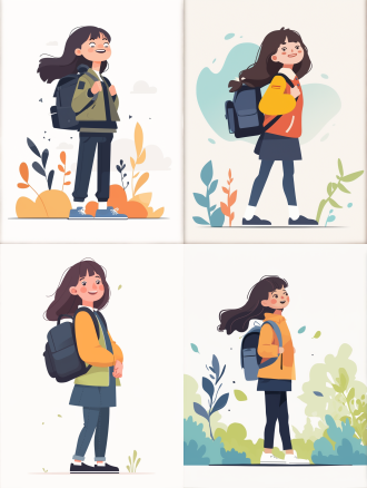 背着书包的小学生，扁平插画，矢量风格，平面形式，白色背景，关节连接，平面透视，浅白绿色，曲线简约，全身，专注，清新，简洁。