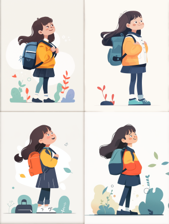 背着书包的6岁小学生，扁平插画，矢量风格，平面形式，白色背景，关节连接，平面透视，浅白色和绿色，曲线美，简约，全身。