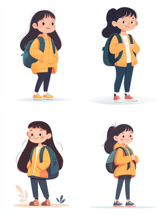 4k画质，6岁女孩，背着书包，白色背景，扁平插画，矢量风格，平面形式，关节连接，平面透视，浅白绿色，曲线简约，全身，专注，清新，简洁。