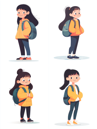4k画质，6岁女孩，2头身比，背着书包，白色背景，扁平插画，矢量风格，平面形式，关节连接，平面透视，浅白绿色，曲线简约，全身，专注，清新，简洁。