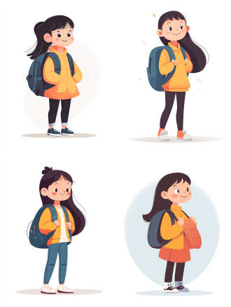 4k画质，6岁女孩，背着书包，白色背景，扁平插画，矢量风格，可爱q版，3头身，平面形式，关节连接，平面透视，浅白绿色，曲线简约，全身，专注，清新，简洁。