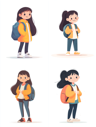 4k画质，6岁女孩，背着书包，白色背景，扁平插画，矢量风格，可爱，q版卡通，平面形式，关节连接，平面透视，浅白绿色，曲线简约，全身，专注，清新，简洁。