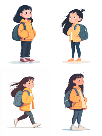 4k画质，6岁女孩，背着书包，白色背景，扁平插画，矢量风格，可爱，q版卡通，平面形式，关节连接，平面透视，浅白绿色，曲线简约，全身，专注，清新，简洁。