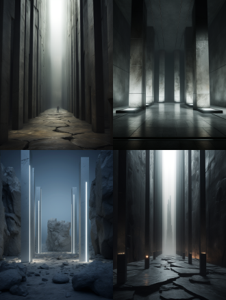 石头中生长金属柱，长方形布局，极简主义，荒芜环境，冷色调，超广角镜头，顶光，锐利细节，静态，神秘。