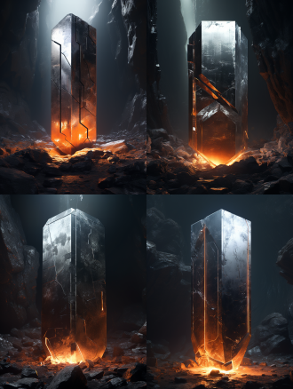 金属长方体破土而出，规则矩形，磨砂金属质感，科幻未来感，不规则岩石覆盖根部，对称构图，冷色调，广角镜头，顶光，高对比度，静止，神秘，震撼。