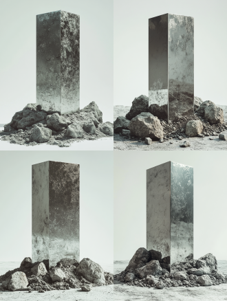 金属长方体从矿石中生长，规则矩形，磨砂金属质感，科幻未来感，不规则岩石覆盖根部，白色背景，对称构图，高光细节，冷色调，微距镜头，柔和侧光，静态，神秘。