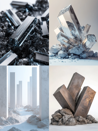 金属矩形棱柱从矿石中生长，规则矩形形状，哑光金属质感，未来科幻感，不规则形状岩石覆盖基底，白色背景，对称构图，高光细节，冷色调，微距镜头，柔和侧光，静态，神秘。