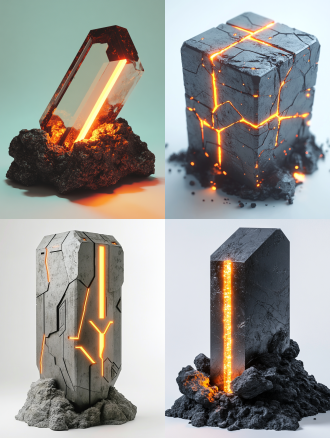 金属矩形棱柱从矿石中生长，科技线条橙色led光，规则矩形，哑光金属质感，未来科幻感，不规则形状岩石覆盖基座，白色背景，对称构图，高光细节，冷色调，微距镜头，柔和侧光，静态，神秘。