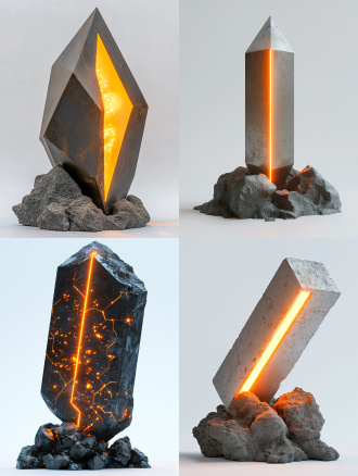 金属矩形棱柱从矿石中生长，科技线条橙色led光，石头底座，规则矩形，哑光金属质感，未来科幻感，不规则形状岩石覆盖底座，白色背景，对称构图，高光细节，冷色调，微距镜头，柔和侧光，静态，神秘。