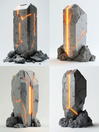 金属矩形棱柱从矿石中生长，科技线条橙色led光，规则矩形，哑光金属质感，未来科幻感，不规则形状岩石覆盖基座，白色背景，对称构图，高光细节，冷色调，微距镜头，柔和侧光，静态，神秘。