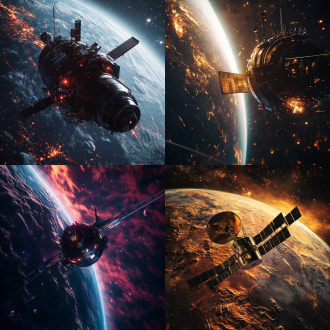 太空卫星在星球背景的宇宙环境中，16k分辨率，真实感，科技感，未来感，明亮光影，广角镜头，高动态范围，色彩鲜艳，动感。
