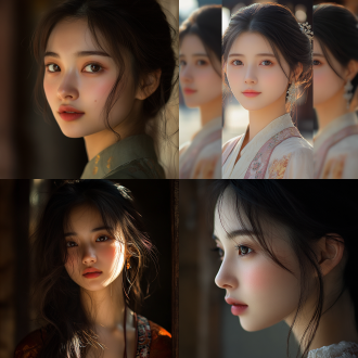 中国精致五官女孩，三分构图，特写镜头，古风庭院，暖黄侧光，浅笑，典雅服饰，柔美色彩，温婉气质。