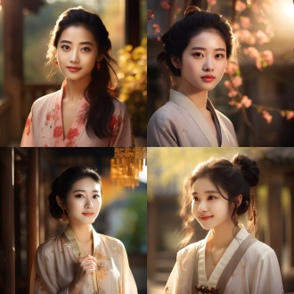 中国女孩，五官精致，三分构图，特写镜头，中式庭院，暖光，微笑，典雅服饰，东方韵味，柔美色彩，温婉情绪。