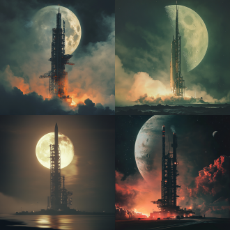 月球木星探测器发射场，三分法构图，发射塔与探测器，科技感环境，冷色调，长焦镜头，逆光，发射瞬间，震撼。