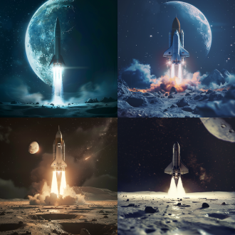 月球上宇宙飞船起飞，三分法构图，冷色调，太空环境，长焦镜头，逆光，动态模糊，起飞，震撼。