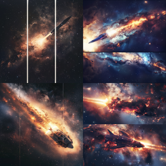 太阳发射至银河系的飞船，三分法构图，宇宙环境，冷色调，长焦镜头，逆光，发射动作，科技元素，震撼。