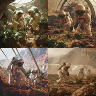 2040年中国宇航员火星大棚种土豆，三分法构图，火星地貌环境，超广角镜头，顶光，种植动作，宇航服，科技感，冷色为主，希望。