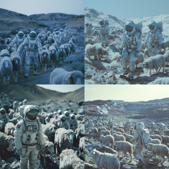 2040年中国宇航员火星牧场养羊，三分法构图，科幻风，火星地貌，长焦镜头，顶光，宇航员着航天服，羊群，蓝色调，探索喜悦。