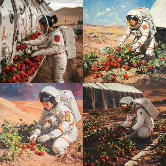 中国女宇航员在火星草莓种植基地采摘草莓