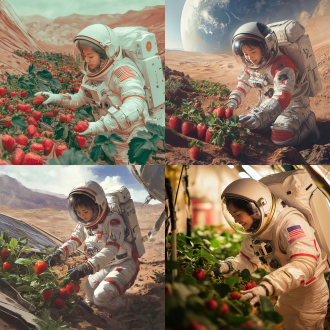 中国女宇航员在火星草莓种植基地采摘草莓