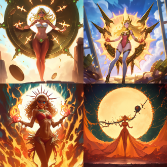 太阳女神，太阳背景，身材曲线优美，神秘微笑，五官精致，身材比例协调，金色金属装饰，高光，广角镜头，自然光，动态姿势，神秘感，力量感，手握火球，细节丰富，高画质，网红脸.cgsociety, star guardians, glowing gold embers, ad image, aliased, f8, mirage, incrinate content details