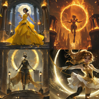 epic fantasty card game art, goddess of the sun, striking artstyle, black circle, burning embers, full body single character, within radiate connection, ultra view, the style of wlop, shining lamps, gigantic sun, symmetrical artwork, official character illustration, full image, circle，身材曲线优美