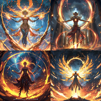 epic fantasty card game art, goddess of the sun, striking artstyle, black circle, burning embers, full body single character, within radiate connection, ultra view, the style of wlop, shining lamps, gigantic sun, symmetrical artwork, official character illustration, full image, circle，身材曲线优美