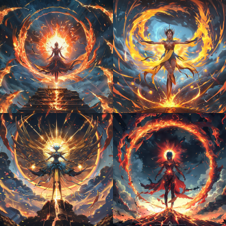 epic fantasty card game art, goddess of the sun, striking artstyle, black circle, burning embers, full body single character, within radiate connection, ultra view, the style of wlop, shining lamps, gigantic sun, symmetrical artwork, official character illustration, full image, circle，身材曲线优美