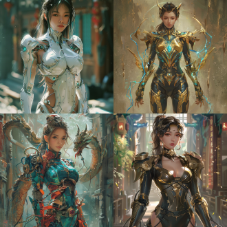 female chinese fantasy mecha hero scene., graceful body curves,dragon-themed exosuit., ancient mystic symbols., ethereal presence., martial expertise., celestial energy., cybernetic enhancements., heroic aura., futuristic technology., martial arts mastery., high-tech weaponry., radiant power., enchanted armor., cybernetic champion.