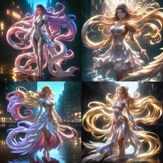 湖中仙女，曲线优美，眼神冷峻，长发，光影交错，超现实主义，高分辨率，4k，hdr，冷光，动态模糊，神秘感，全身照，水中倒影，柔和光线，长焦镜头，高对比度，冷色调，神秘氛围，动态效果，全身姿态，光影交织，超现实风格。