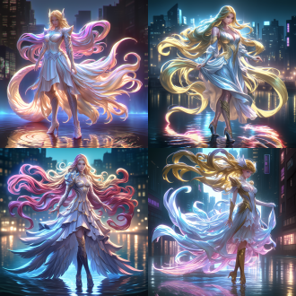 湖中仙女，曲线优美，眼神冷峻，长发，光影交错，超现实主义，高分辨率，4k，hdr，冷光，动态模糊，神秘感，全身照，水中倒影，柔和光线，长焦镜头，高对比度，冷色调，神秘氛围，动态效果，全身姿态，光影交织，超现实风格。