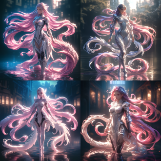 湖中仙女，曲线优美，眼神冷峻，长发，光影交错，超现实主义，高分辨率，4k，hdr，冷光，动态模糊，神秘感，全身照，水中倒影，柔和光线，长焦镜头，高对比度，冷色调，神秘氛围，动态效果，全身姿态，光影交织，超现实风格。