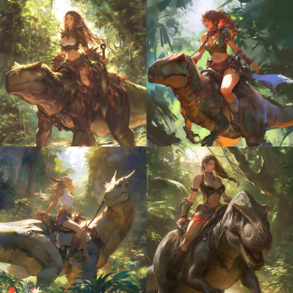 美女原始人骑恐龙，曲线优美，五官精致，细节丰富，高画质，无饰品，全身照，远古背景，广角镜头，自然光，动态模糊，原始森林，暖色调，神秘感。