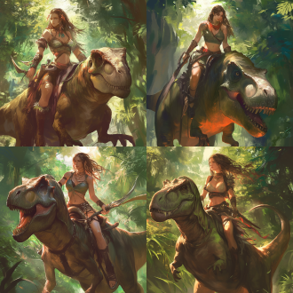 美女原始人骑恐龙，曲线优美，五官精致，细节丰富，高画质，无饰品，全身照，远古背景，广角镜头，自然光，动态模糊，原始森林，暖色调，神秘感。