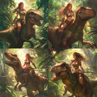 美女原始人骑恐龙，曲线优美，五官精致，细节丰富，高画质，无饰品，全身照，远古背景，广角镜头，自然光，动态模糊，原始森林，暖色调，神秘感。