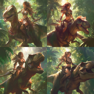 美女原始人骑恐龙，曲线优美，五官精致，细节丰富，高画质，无饰品，全身照，远古背景，广角镜头，自然光，动态模糊，原始森林，暖色调，神秘感。