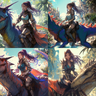 美女原始人骑恐龙，曲线优美，五官精致，细节丰富，高画质，无饰品，全身照，远古背景，广角镜头，自然光，动态模糊，原始森林，暖色调，神秘感。