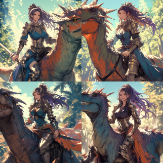 美女原始人骑恐龙，曲线优美，五官精致，细节丰富，高画质，无饰品，全身照，远古背景，广角镜头，自然光，动态模糊，原始森林，暖色调，神秘感。