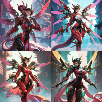 female chinese fantasy mecha hero scene., graceful body curves,dragon-themed exosuit., ancient mystic symbols., ethereal presence., martial expertise., celestial energy., cybernetic enhancements., heroic aura., futuristic technology., martial arts mastery., high-tech weaponry., radiant power., enchanted armor., cybernetic champion.