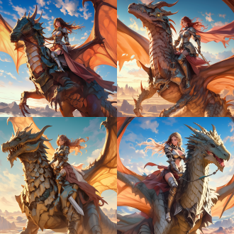 女性骑士，骑在非常巨大西方龙身上，千年巨大的西方龙，女性身材曲线优美，五官精致，细节丰富，高画质