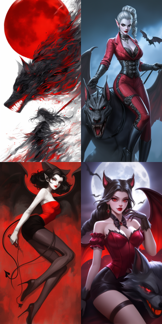 女性恶魔骑梦魇兽，空中飞行，曲线优美，五官精致，高画质，红色哥特服装，手持长鞭，动态模糊，暗黑风格，细节丰富，广角镜头，逆光，冷色调，神秘，威严。