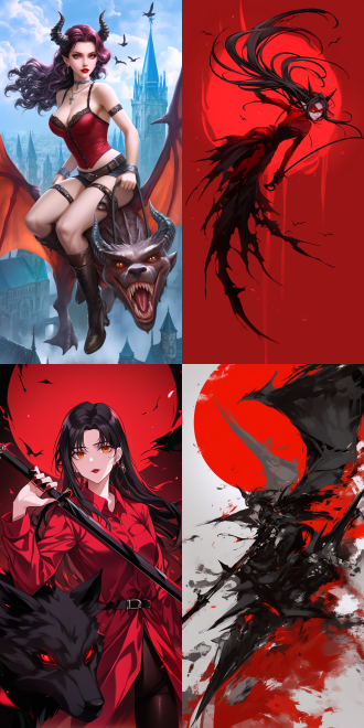 女性恶魔骑梦魇兽，空中飞行，曲线优美，五官精致，高画质，红色哥特服装，手持长鞭，动态模糊，暗黑风格，细节丰富，广角镜头，逆光，冷色调，神秘，威严。