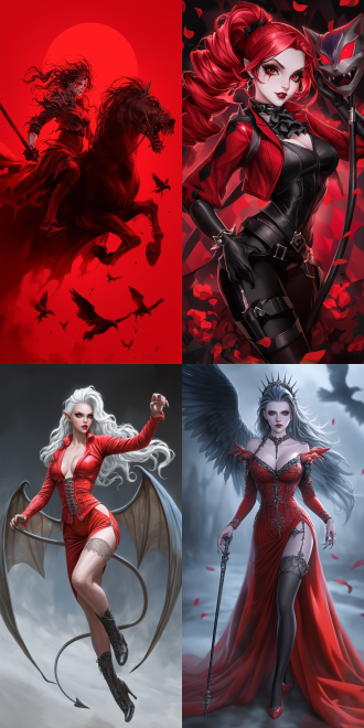 女性恶魔骑梦魇兽，空中飞行，曲线优美，五官精致，高画质，红色哥特服装，手持长鞭，动态模糊，暗黑风格，细节丰富，广角镜头，逆光，冷色调，神秘，威严。