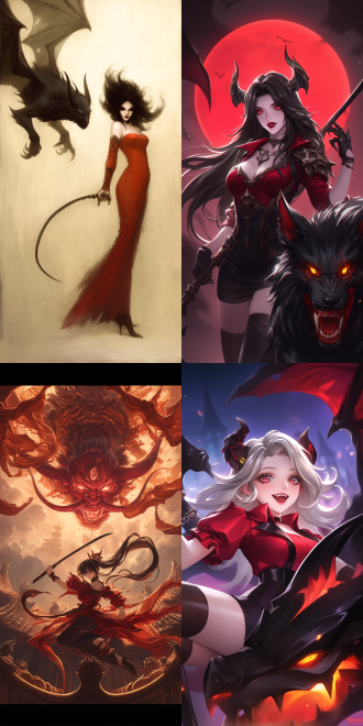 女性恶魔骑梦魇兽，空中飞行，曲线优美，五官精致，高画质，红色哥特服装，手持长鞭，动态模糊，暗黑风格，细节丰富，广角镜头，逆光，冷色调，神秘，威严。