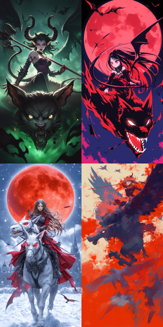 女性恶魔骑梦魇兽，空中飞行，曲线优美，五官精致，高画质，红色哥特服装，手持长鞭，动态模糊，暗黑风格，细节丰富，广角镜头，逆光，冷色调，神秘，威严。