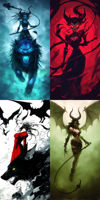 女性恶魔骑梦魇兽，空中飞行，曲线优美，五官精致，高画质，红色哥特服装，手持长鞭，动态模糊，暗黑风格，细节丰富，广角镜头，逆光，冷色调，神秘，威严。