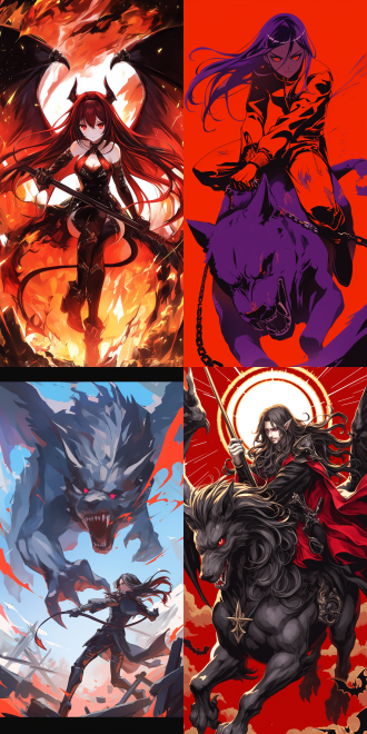 女性恶魔骑梦魇兽，空中飞行，曲线优美，五官精致，高画质，红色哥特服装，手持长鞭，动态模糊，暗黑风格，细节丰富，广角镜头，逆光，冷色调，神秘，威严。