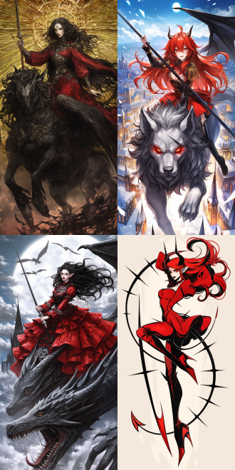 女性恶魔骑梦魇兽，空中飞行，曲线优美，五官精致，高画质，红色哥特服装，手持长鞭，动态模糊，暗黑风格，细节丰富，广角镜头，逆光，冷色调，神秘，威严。