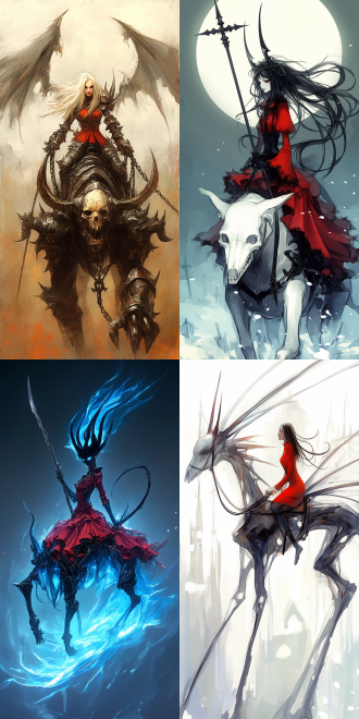 女性恶魔骑梦魇兽，空中飞行，曲线优美，五官精致，高画质，红色哥特服装，手持长鞭，动态模糊，暗黑风格，细节丰富，广角镜头，逆光，冷色调，神秘，威严。