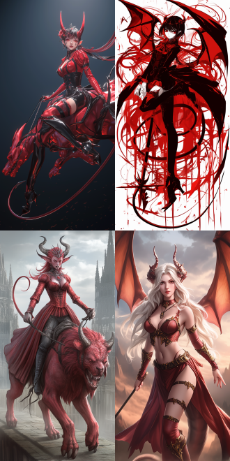 女性恶魔骑梦魇兽，空中飞行，曲线优美，五官精致，高画质，红色哥特服装，手持长鞭，动态模糊，暗黑风格，细节丰富，广角镜头，逆光，冷色调，神秘，威严。